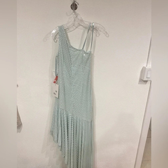 NWT Mac Duggal Imitation Pearl One-Shoulder Asymmetric Gown in Seafoam Size 4 - Picture 4 of 6
